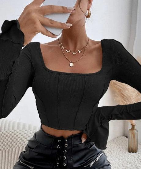 Fall Obsession: Ribbed Square Neck Crop Top with Flared Bell Sleeves & Tie Back