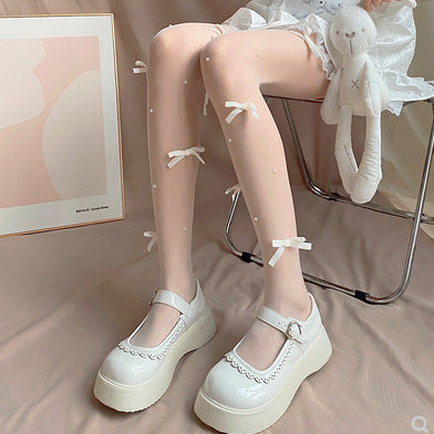 Whimsical Pearl & Pink Bow Sheer Tights | Coquette Chic for Fall & Holiday Style