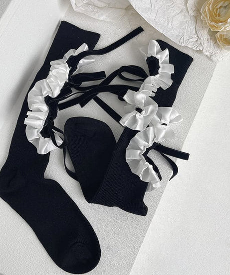 Vintage Chic Ruffled Bow Cut-Out Knee High Socks - Fall & Goth Academia Ready