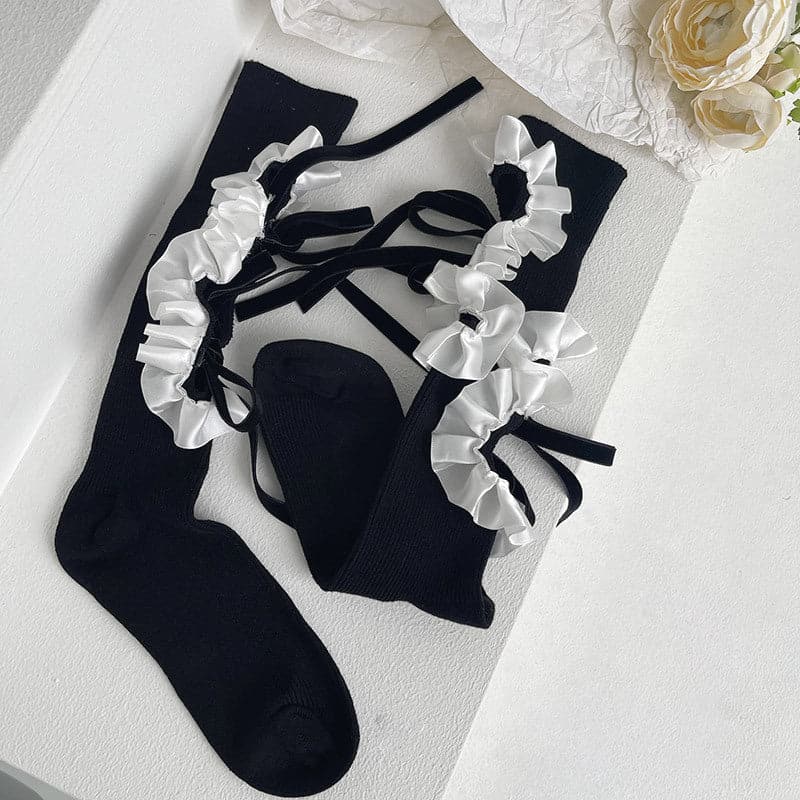 Vintage Chic Ruffled Bow Cut-Out Knee High Socks - Fall & Goth Academia Ready