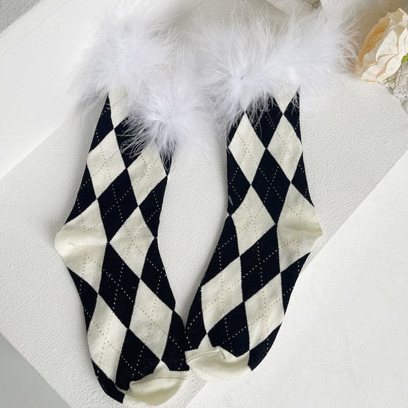 Cozy Fall Argyle & Faux Fur Statement Socks for Women