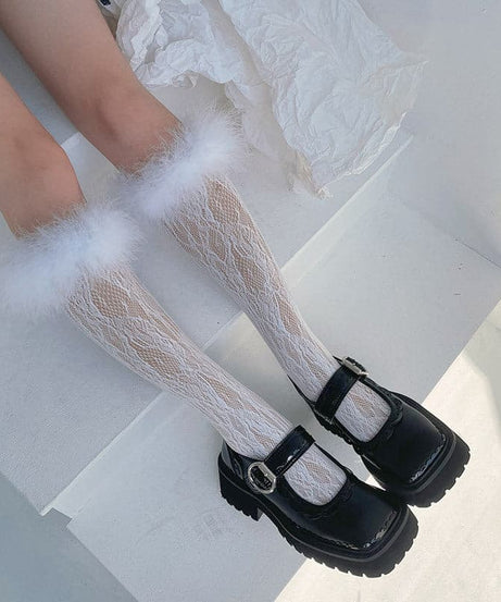 Spooky Chic Feather Trim Lace Knee-High Socks - Fall & Halloween Essential
