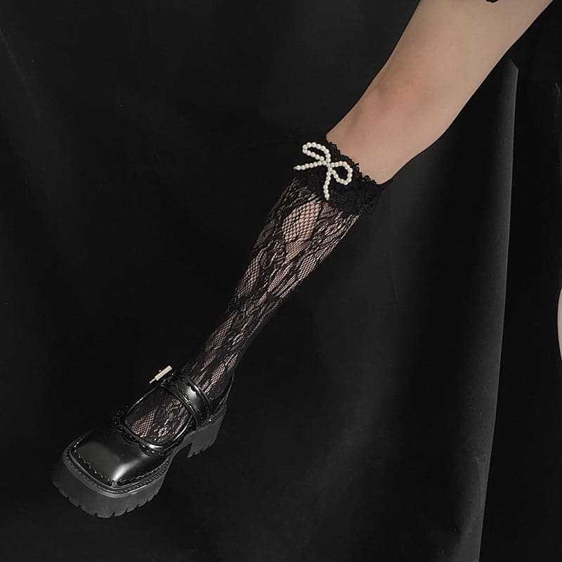 Enchanting Sheer Lace Bow Knee High Socks | Gothic Glam & Dark Academia Fall Fashion
