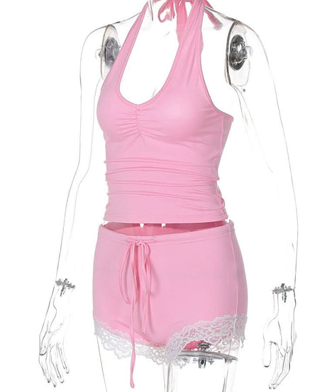 Sweet Pink Halter & Lace Pajama Shorts Set | Cozy Fall Loungewear for Women