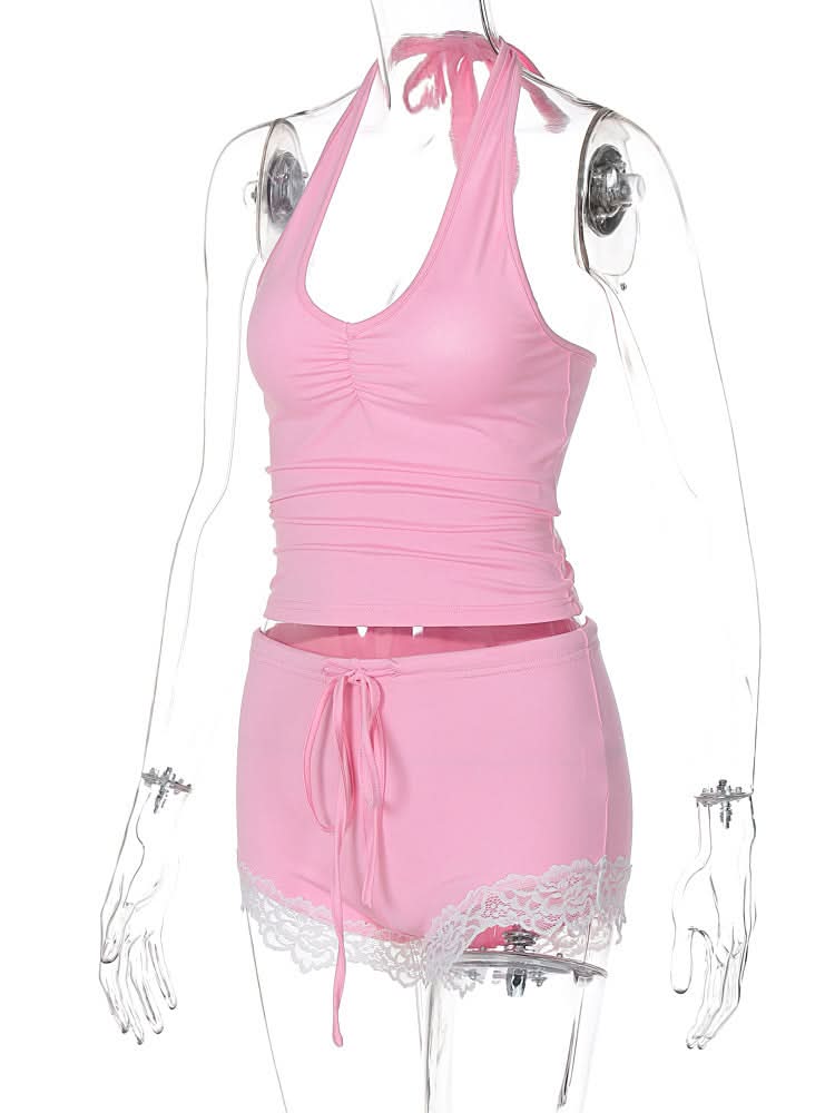 Sweet Pink Halter & Lace Pajama Shorts Set | Cozy Fall Loungewear for Women