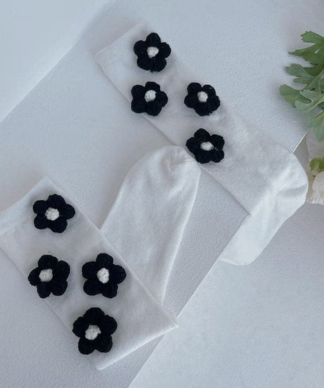 Chic Black Flower Applique Knee High Socks | Cozy Fall & Halloween Style