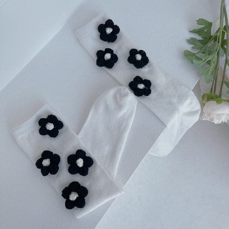 Chic Black Flower Applique Knee High Socks | Cozy Fall & Halloween Style