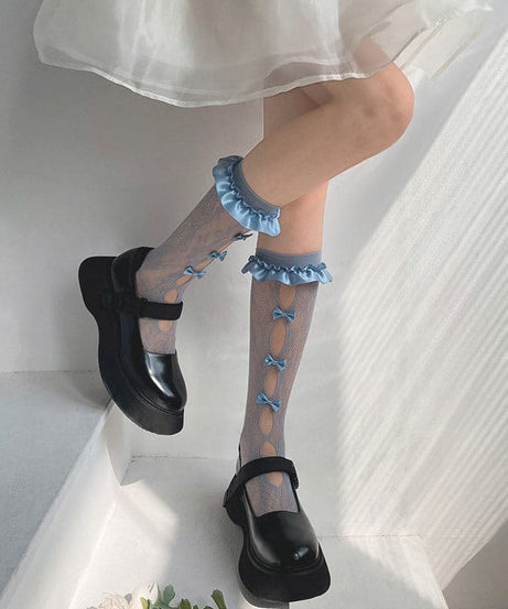 Coquette Charm: Blue Ruffled Bow Sheer Knee-High Socks - Perfect for Fall & Halloween!