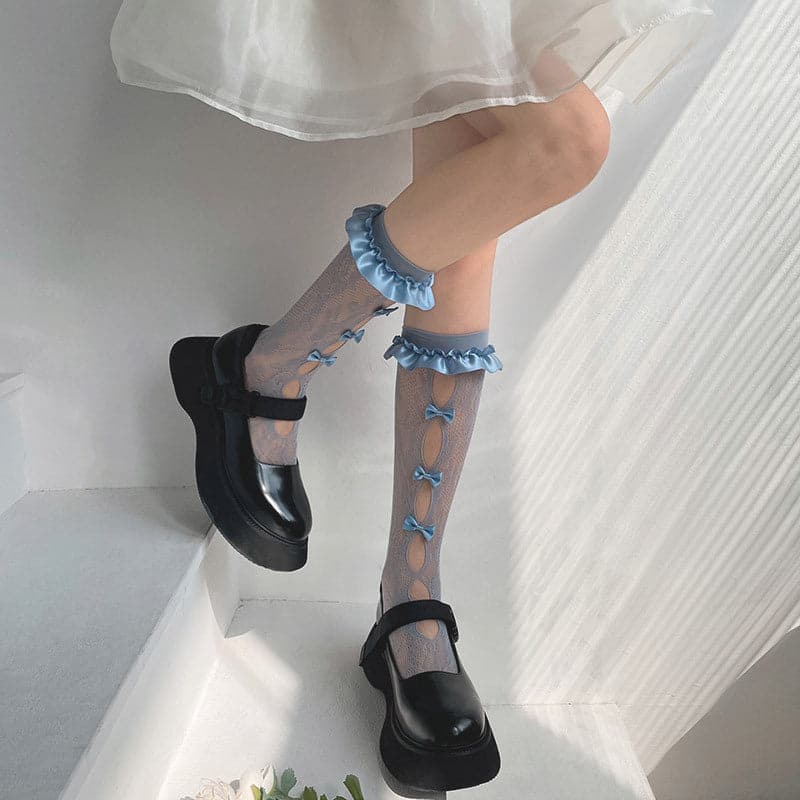 Coquette Charm: Blue Ruffled Bow Sheer Knee-High Socks - Perfect for Fall & Halloween!