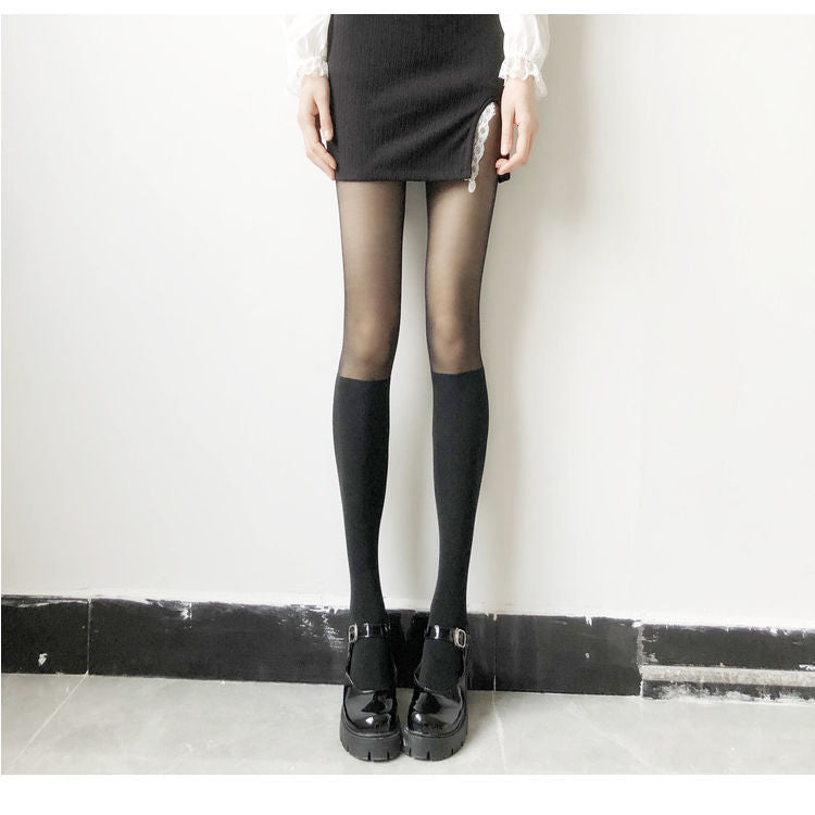 Fall Fashion Faux Thigh-High Tights: Chic Two-Tone Sheer & Opaque Style