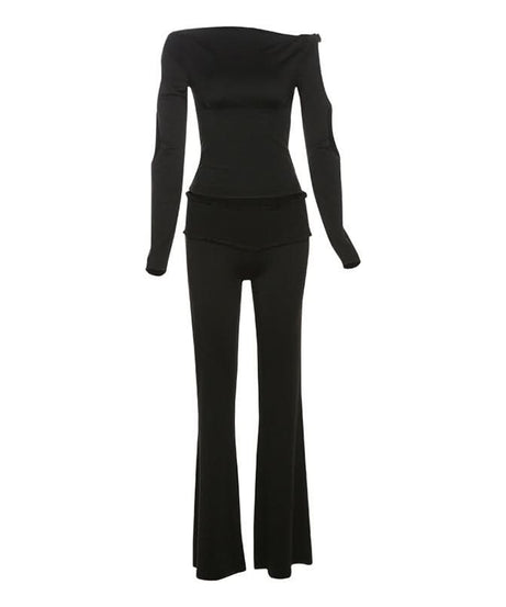 Effortless Autumn Chic: Black Off-Shoulder Top & Flare Pant Set
