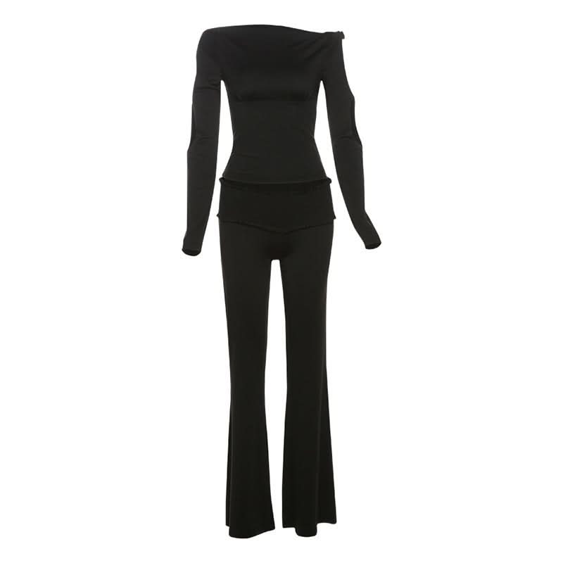 Effortless Autumn Chic: Black Off-Shoulder Top & Flare Pant Set