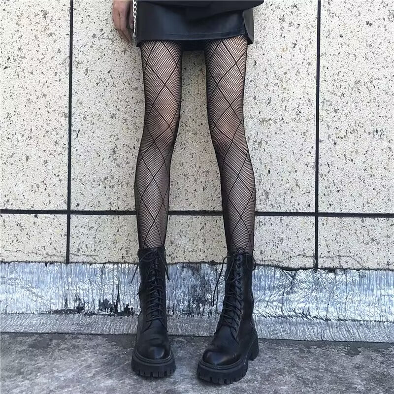 Edgy Diamond Fishnet Tights for Fall | Statement Rhombus Hosiery for Halloween & Beyond