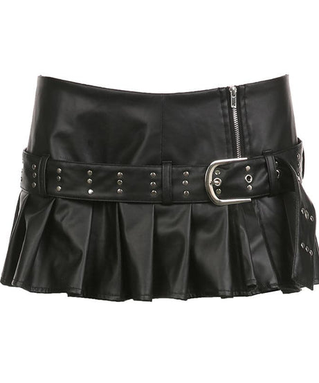 Rebel Chic: Low-Rise Faux Leather Pleated Mini Skirt with Studded Belt - Fall & Halloween Ready
