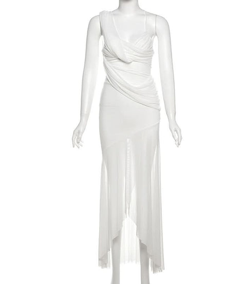 Effortless Elegance: White One-Shoulder Ruched Maxi Dress with Sheer Overlay | Perfect for Fall & Holiday Events