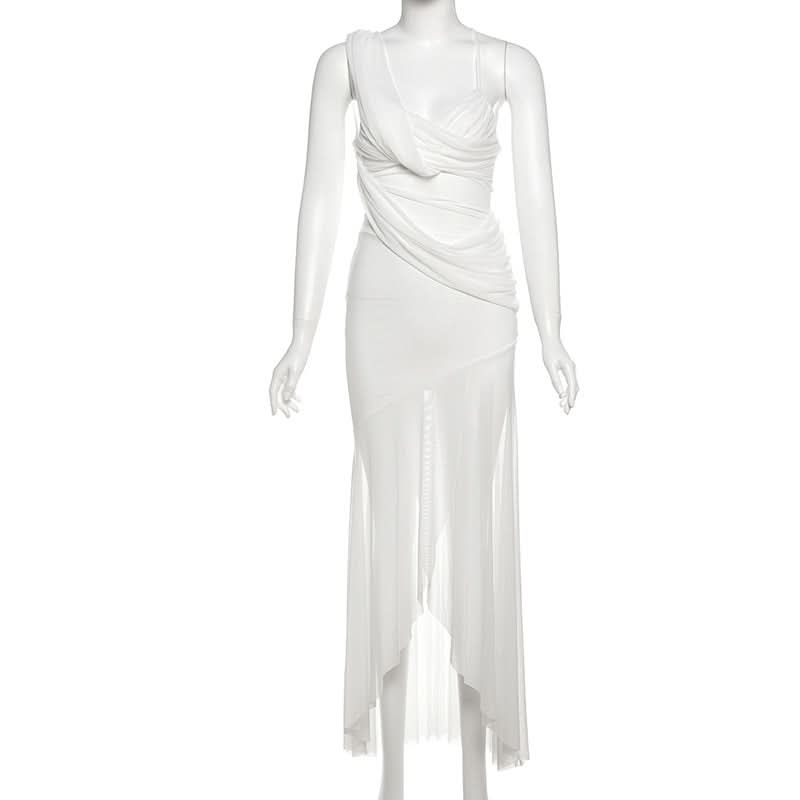 Effortless Elegance: White One-Shoulder Ruched Maxi Dress with Sheer Overlay | Perfect for Fall & Holiday Events