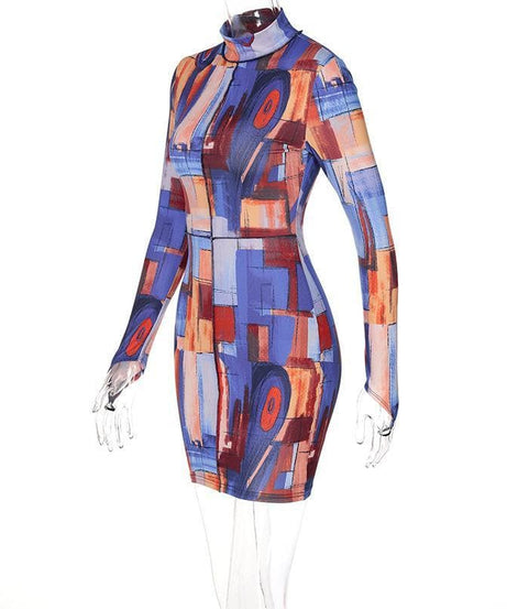 Art-Inspired Abstract Print High-Neck Bodycon Mini Dress - Fall & Party Ready