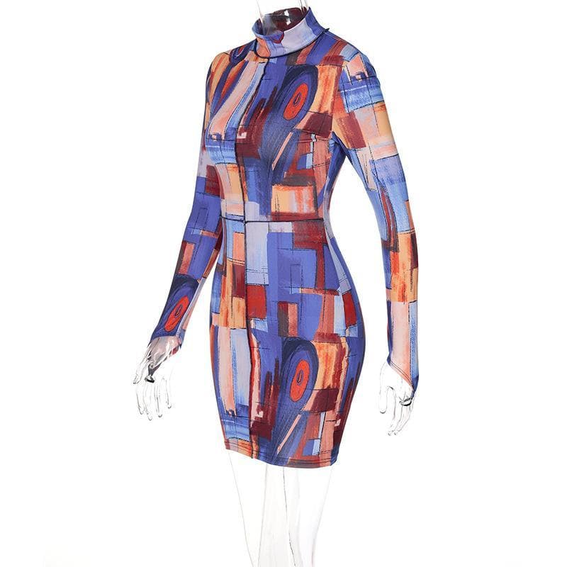 Art-Inspired Abstract Print High-Neck Bodycon Mini Dress - Fall & Party Ready