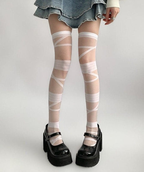 Spooky Chic Bandage Mesh Thigh High Stockings | Edgy Fall Fashion & Halloween Essential