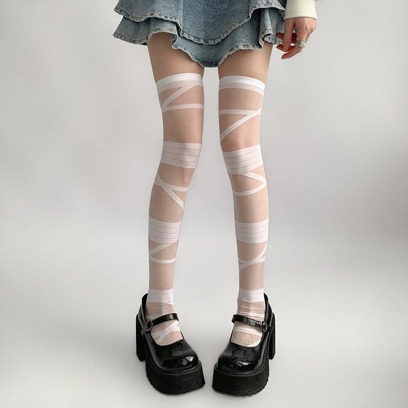 Spooky Chic Bandage Mesh Thigh High Stockings | Edgy Fall Fashion & Halloween Essential