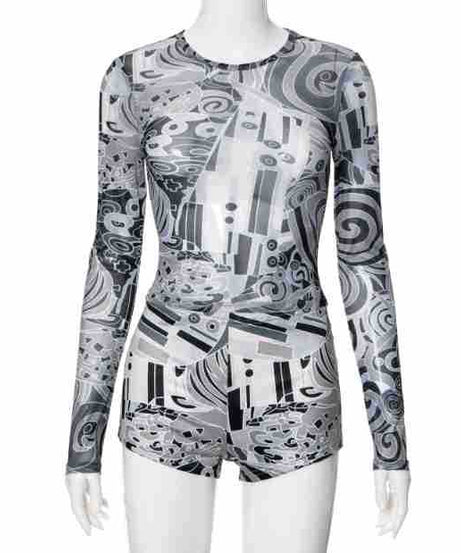 Edgy Abstract Mesh Long Sleeve Top & Shorts Set - Fall's Must-Have Party & Layering Style