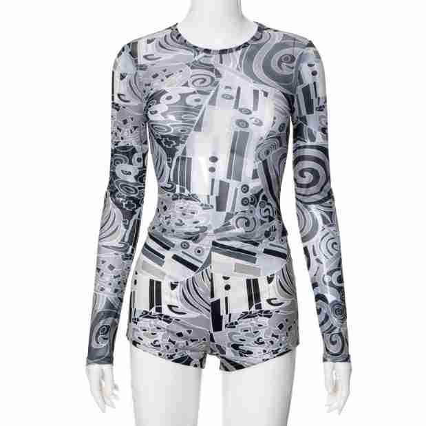 Edgy Abstract Mesh Long Sleeve Top & Shorts Set - Fall's Must-Have Party & Layering Style
