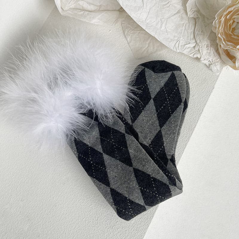 Cozy Chic Argyle Knee-High Socks with Faux Feather Trim | Fall & Holiday Style
