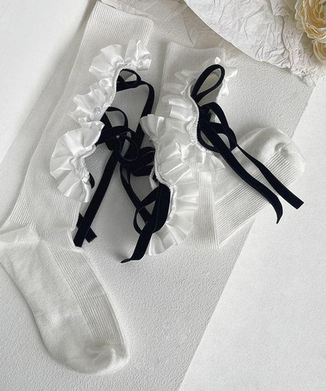 Vintage Chic Ruffled Bow Cut-Out Knee High Socks - Fall & Goth Academia Ready