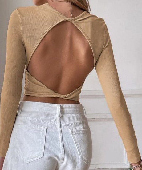 Fall's Must-Have: Knotted Backless Ribbed Long Sleeve Crop Top | Chic Going Out Style