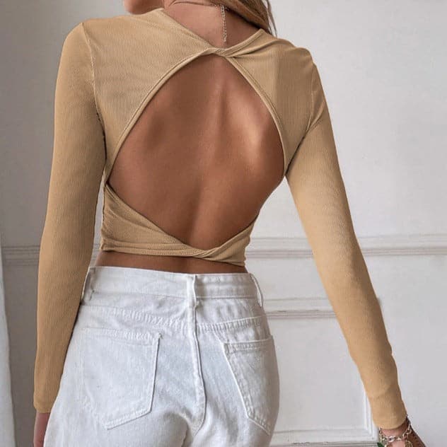 Fall's Must-Have: Knotted Backless Ribbed Long Sleeve Crop Top | Chic Going Out Style
