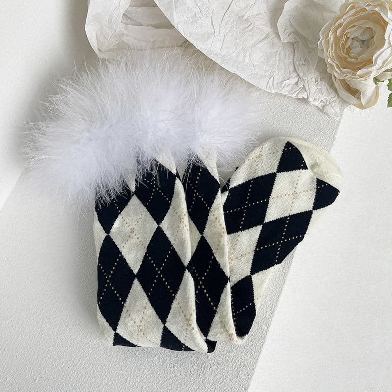 Cozy Chic Argyle Knee-High Socks with Faux Feather Trim | Fall & Holiday Style
