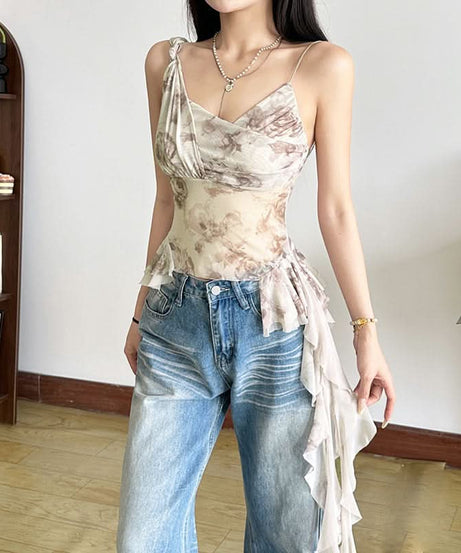 Chic Autumn Bloom Mesh Ruffle Cami Top - Romantic Asymmetrical Fall Style
