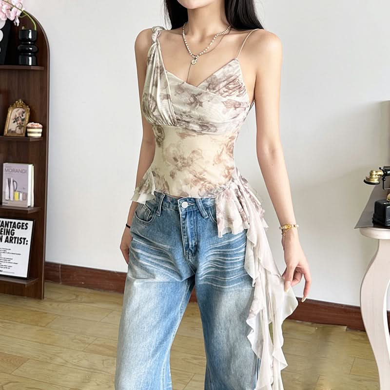 Chic Autumn Bloom Mesh Ruffle Cami Top - Romantic Asymmetrical Fall Style