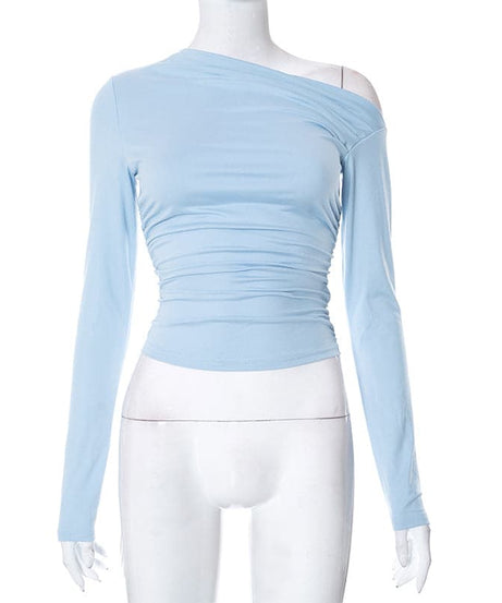 Chic Fall Nights: Asymmetrical Ruched Off-Shoulder Top – Your Essential Black Long Sleeve