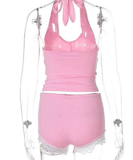 Sweet Pink Halter & Lace Pajama Shorts Set | Cozy Fall Loungewear for Women