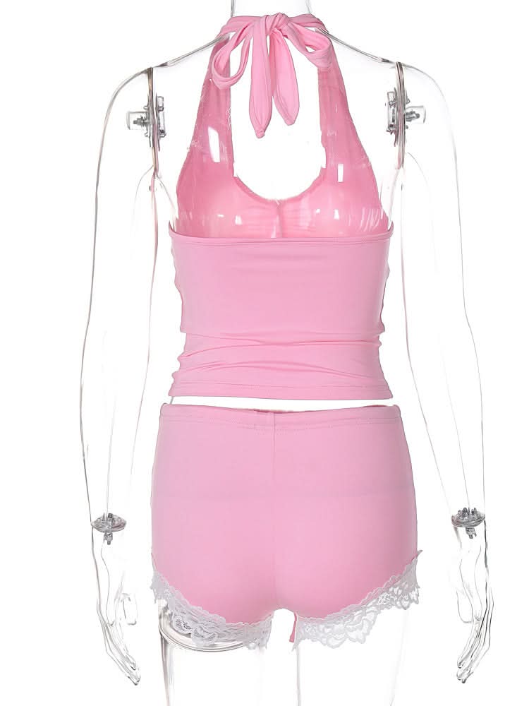 Sweet Pink Halter & Lace Pajama Shorts Set | Cozy Fall Loungewear for Women