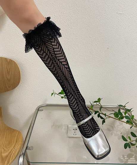 Chic Black Lace Ruffle Thigh High Stockings - Perfect for Fall, Halloween & Holiday Glam