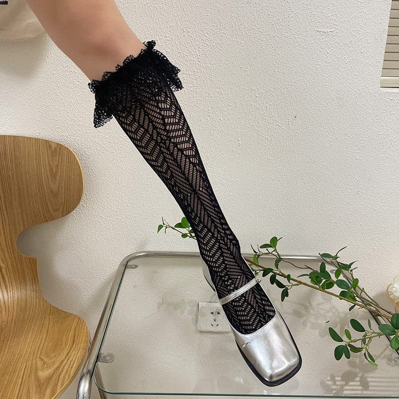 Chic Black Lace Ruffle Thigh High Stockings - Perfect for Fall, Halloween & Holiday Glam