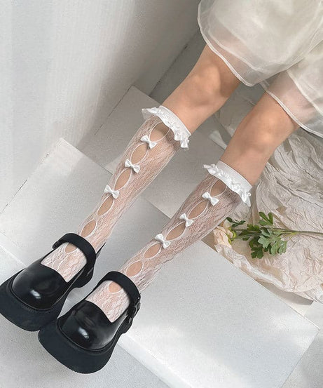Coquette Charm: Blue Ruffled Bow Sheer Knee-High Socks - Perfect for Fall & Halloween!