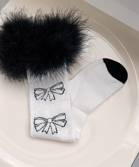 Coquette Feather Bow Knee High Socks - Cozy Faux Fur for Fall & Halloween Fun!