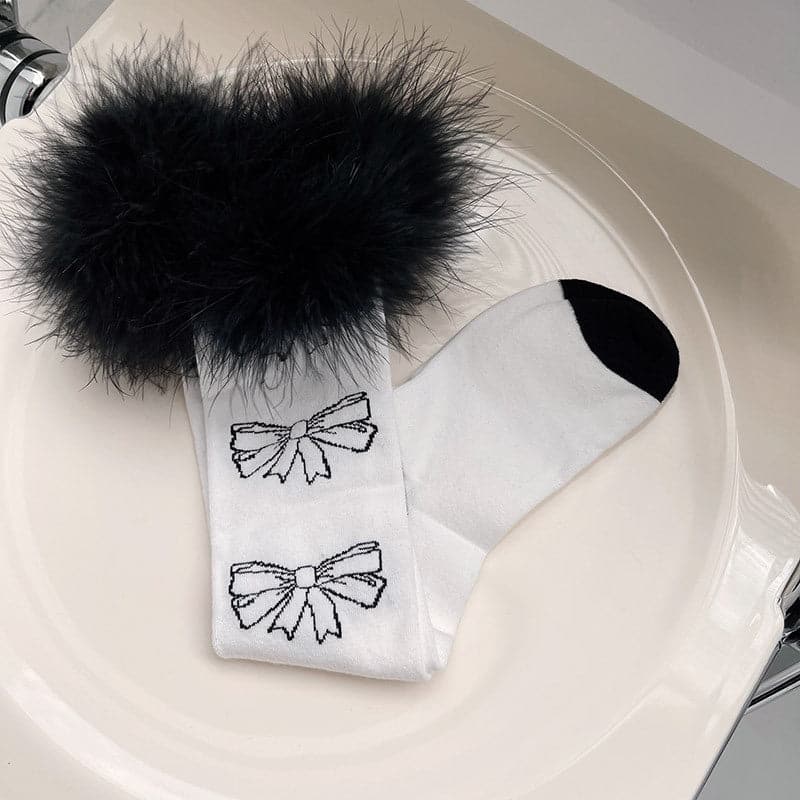 Coquette Feather Bow Knee High Socks - Cozy Faux Fur for Fall & Halloween Fun!