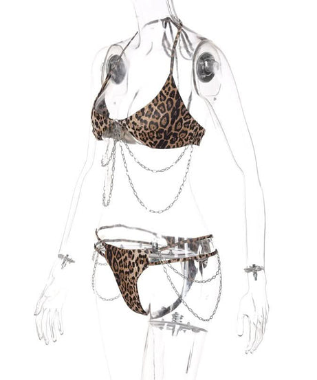 Wild Instincts Leopard Chain Halter Lingerie Set - Your Daring Halloween & Clubwear Statement