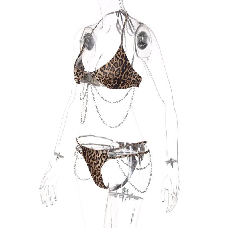 Wild Instincts Leopard Chain Halter Lingerie Set - Your Daring Halloween & Clubwear Statement