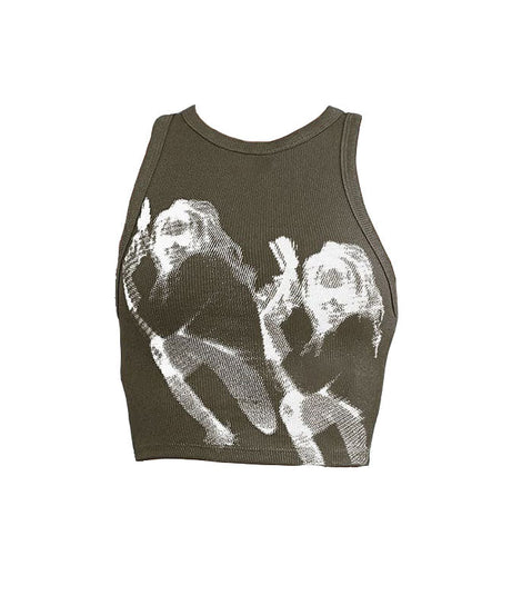 Ethereal Angelic Halftone Crop Top - Y2K Ribbed Graphic Tank for Fall & Halloween