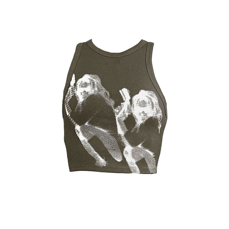 Ethereal Angelic Halftone Crop Top - Y2K Ribbed Graphic Tank for Fall & Halloween