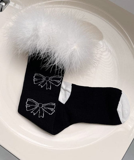 Coquette Feather Bow Knee High Socks - Cozy Faux Fur for Fall & Halloween Fun!