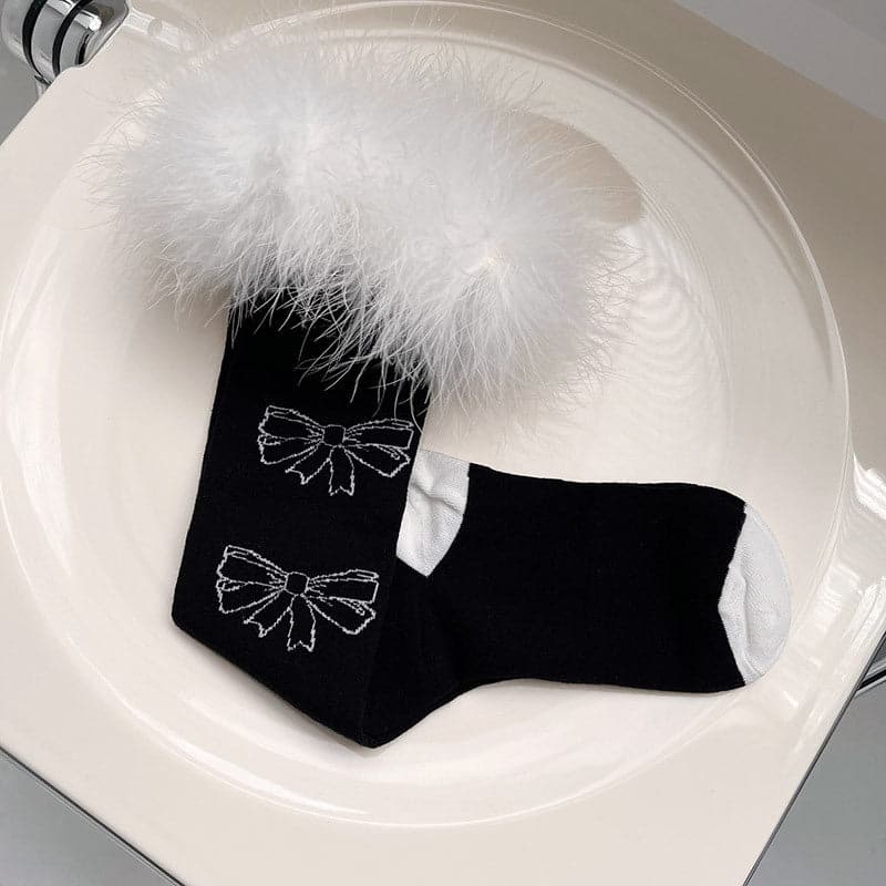 Coquette Feather Bow Knee High Socks - Cozy Faux Fur for Fall & Halloween Fun!