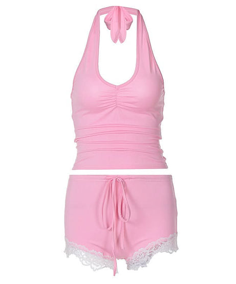 Sweet Pink Halter & Lace Pajama Shorts Set | Cozy Fall Loungewear for Women