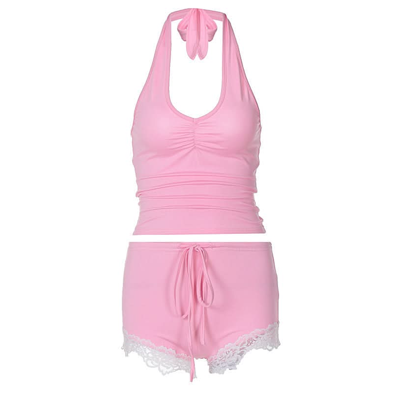 Sweet Pink Halter & Lace Pajama Shorts Set | Cozy Fall Loungewear for Women