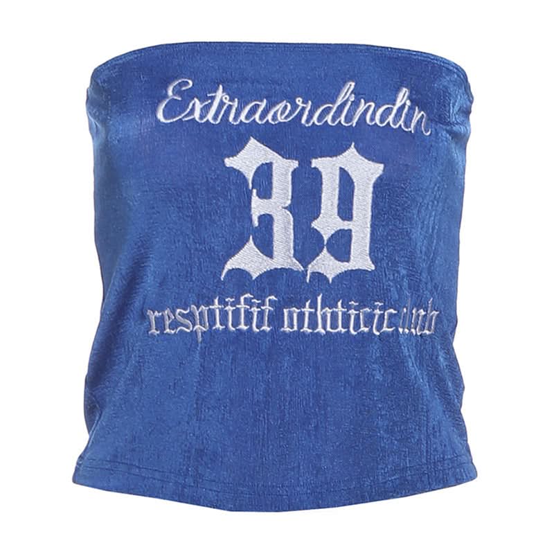 Trendy Red Velvet Tube Top for Women | Y2K '39' Embroidered Varsity Crop - Fall Fashion